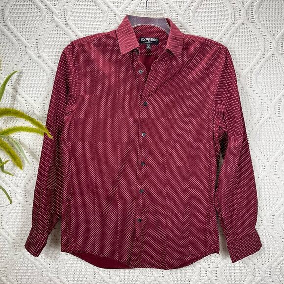 EXPRESS | Button Down Long Sleeve Polka Dot Men's Shirt Burgundy S - Picture 1 of 7